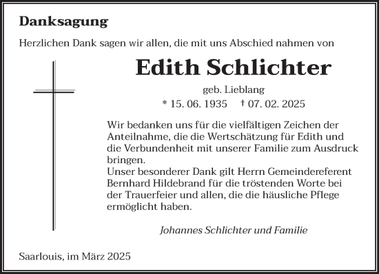 Traueranzeige von Edith Schlichter von saarbruecker_zeitung