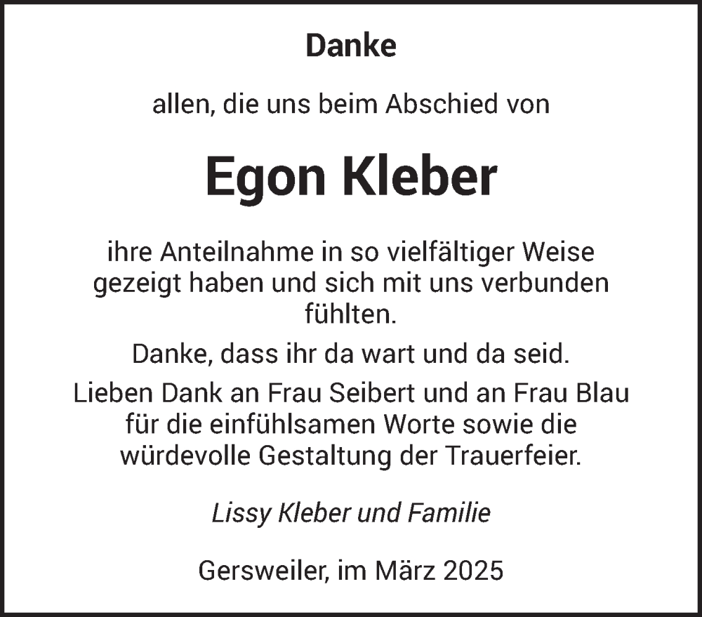  Traueranzeige für Egon Kleber vom 22.03.2025 aus saarbruecker_zeitung