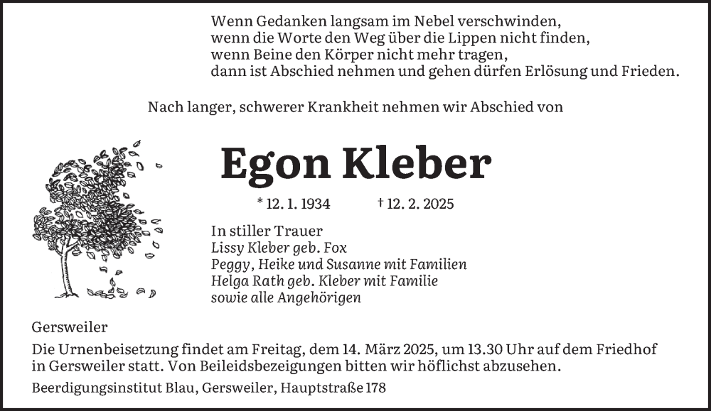  Traueranzeige für Egon Kleber vom 08.03.2025 aus saarbruecker_zeitung
