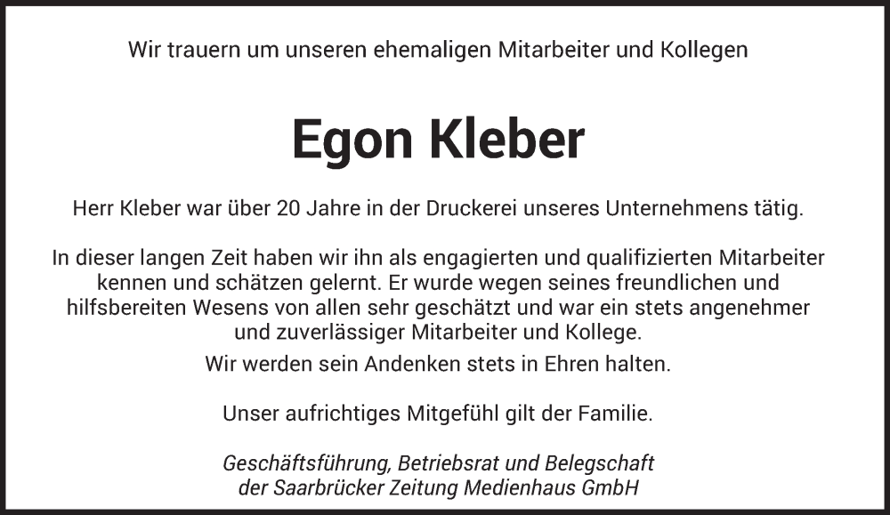  Traueranzeige für Egon Kleber vom 08.03.2025 aus saarbruecker_zeitung