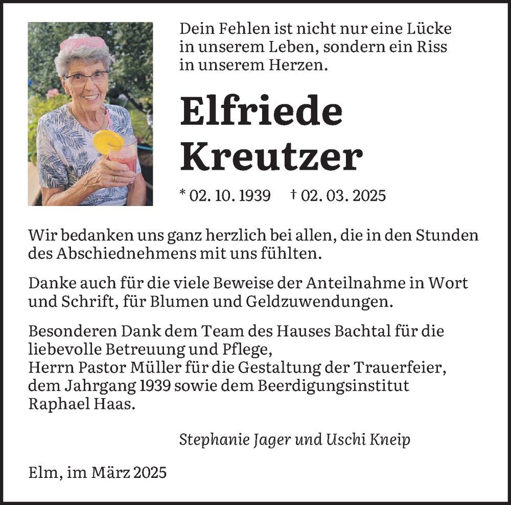  Traueranzeige für Elfriede Kreutzer vom 22.03.2025 aus saarbruecker_zeitung