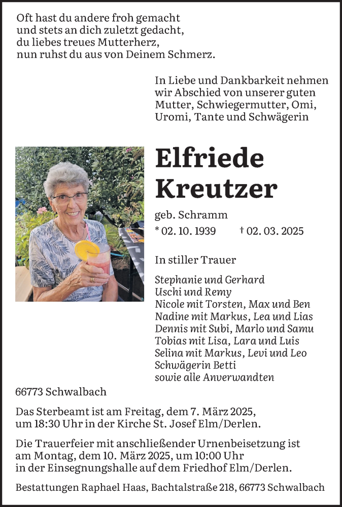  Traueranzeige für Elfriede Kreutzer vom 05.03.2025 aus saarbruecker_zeitung