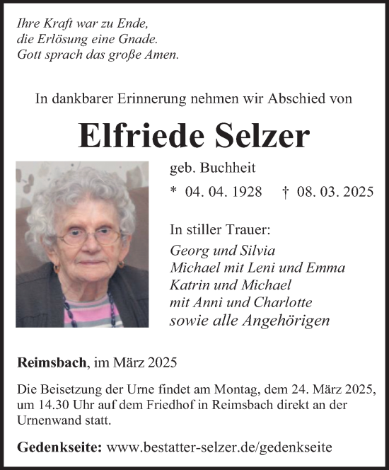 Traueranzeige von Elfriede Selzer von saarbruecker_zeitung