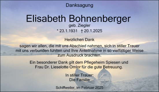 Traueranzeige von Elisabeth Bohnenberger von saarbruecker_zeitung