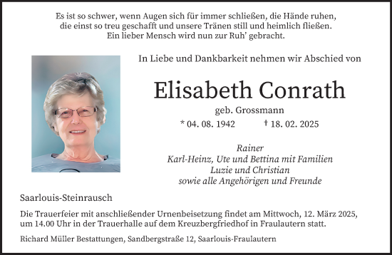 Traueranzeige von Elisabeth Conrath von saarbruecker_zeitung