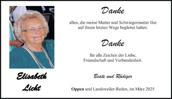 Traueranzeige von Elisabeth Licht von saarbruecker_zeitung