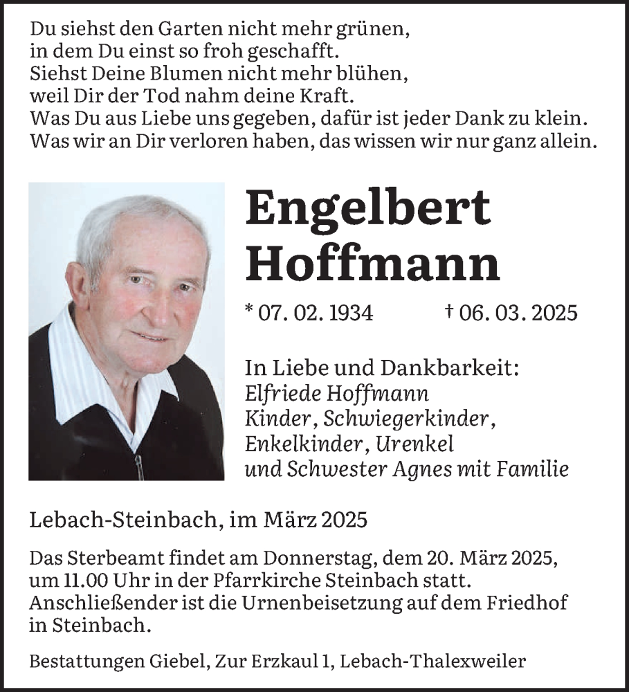  Traueranzeige für Engelbert Hoffmann vom 15.03.2025 aus saarbruecker_zeitung