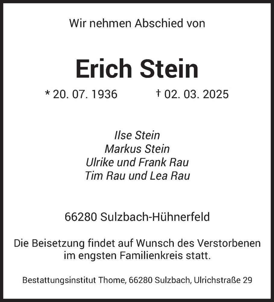  Traueranzeige für Erich Stein vom 08.03.2025 aus saarbruecker_zeitung