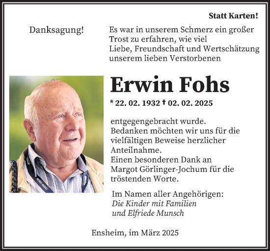 Traueranzeige von Erwin Fohs von saarbruecker_zeitung