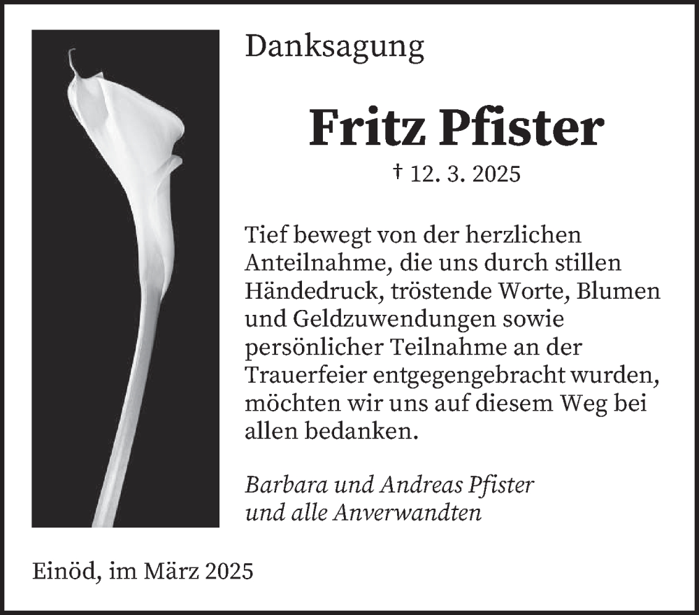  Traueranzeige für Fritz Pfister vom 29.03.2025 aus saarbruecker_zeitung
