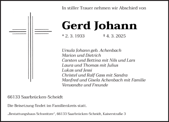 Traueranzeige von Gerd Johann von saarbruecker_zeitung