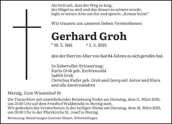Traueranzeige von Gerhard Groh von saarbruecker_zeitung