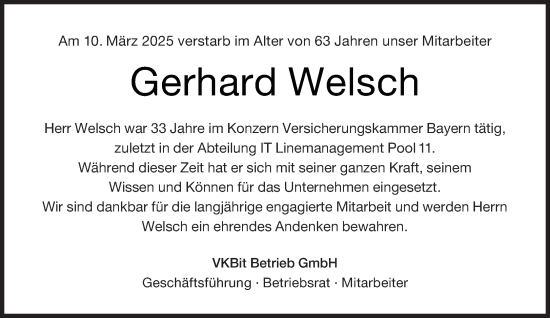 Traueranzeige von Gerhard Welsch von saarbruecker_zeitung