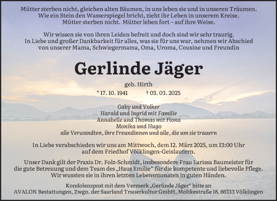 Traueranzeige von Gerlinde Jäger von saarbruecker_zeitung
