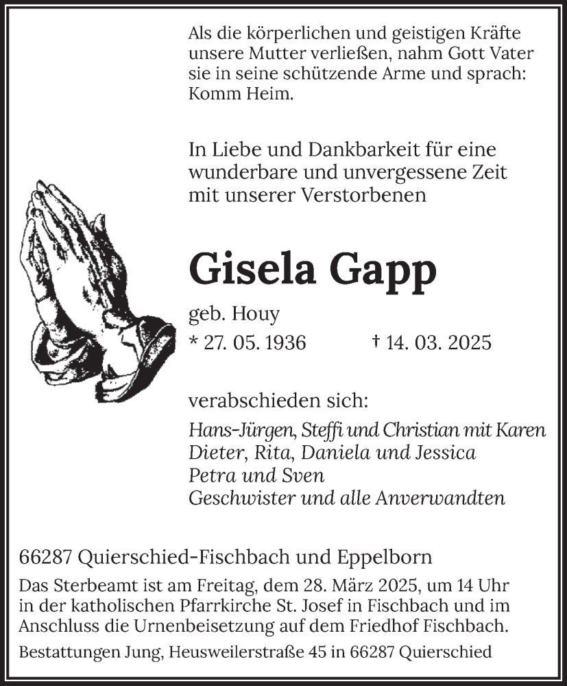  Traueranzeige für Gisela Gapp vom 22.03.2025 aus saarbruecker_zeitung
