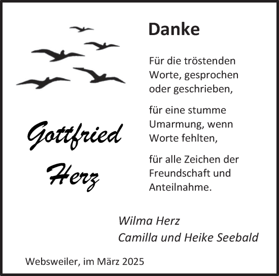 Traueranzeige von Gottfried Herz von saarbruecker_zeitung