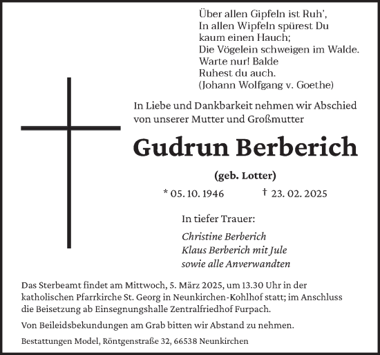 Traueranzeige von Gudrun Berberich von saarbruecker_zeitung