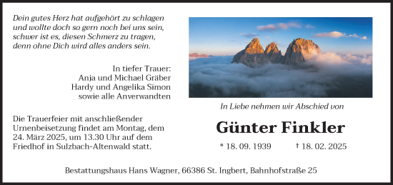 Traueranzeige von Günter Finkler von saarbruecker_zeitung