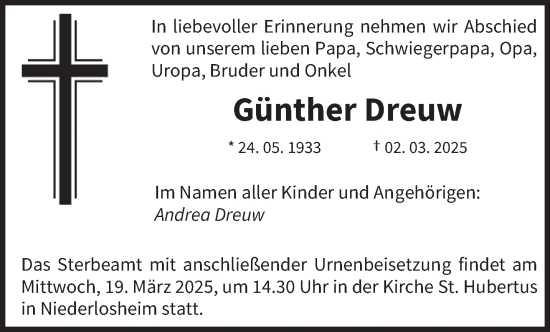 Traueranzeige von Günther Dreuw von saarbruecker_zeitung