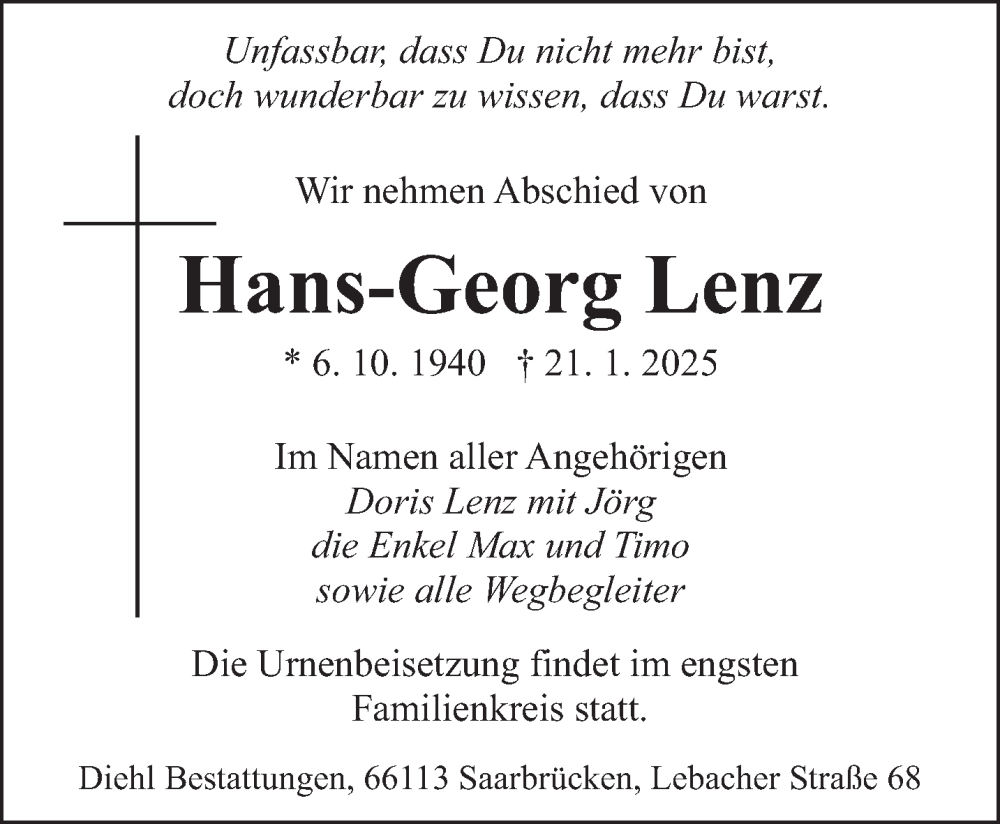  Traueranzeige für Hans-Georg Lenz vom 15.03.2025 aus saarbruecker_zeitung