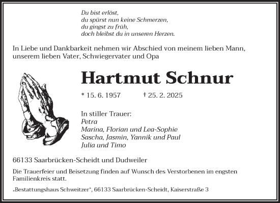 Traueranzeige von Hartmut Schnur von saarbruecker_zeitung