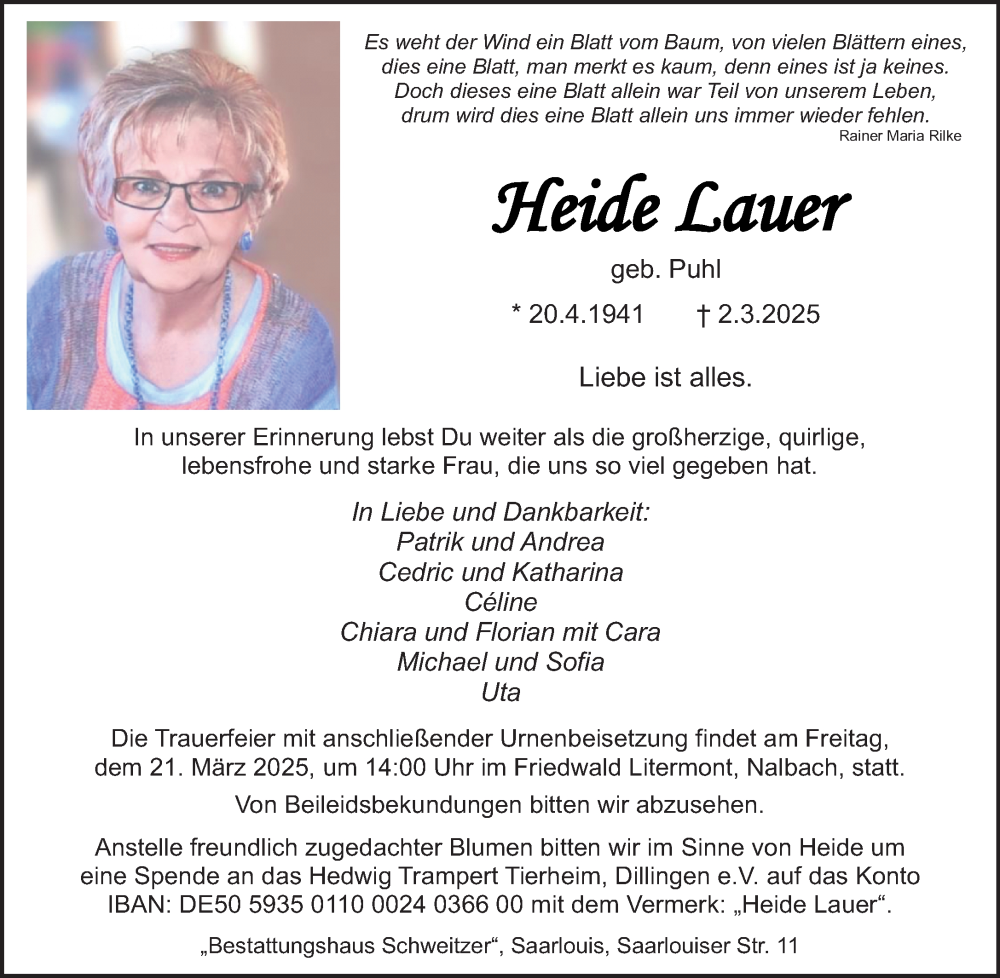  Traueranzeige für Heide Lauer vom 15.03.2025 aus saarbruecker_zeitung