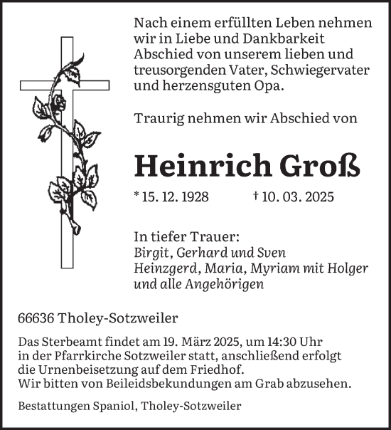 Traueranzeige von Heinrich Groß von saarbruecker_zeitung