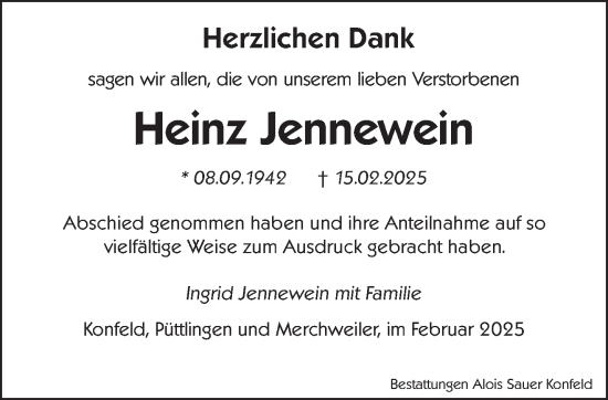 Traueranzeige von Heinz Jennewein von saarbruecker_zeitung
