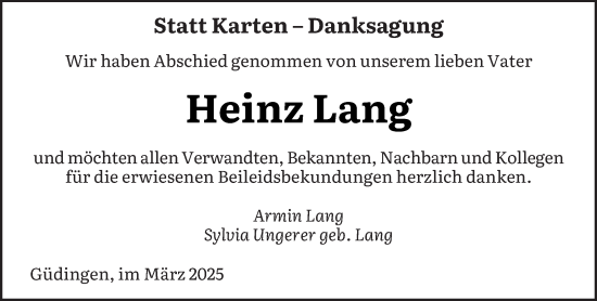 Traueranzeige von Heinz Lang von saarbruecker_zeitung