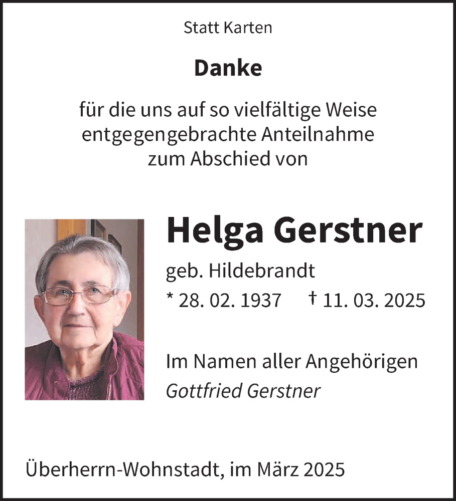  Traueranzeige für Helga Gerstner vom 29.03.2025 aus saarbruecker_zeitung
