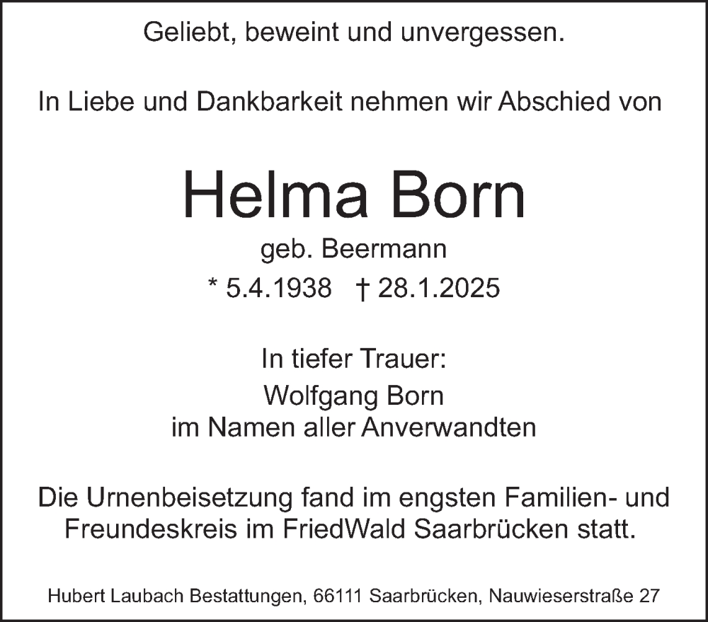  Traueranzeige für Helma Born vom 15.03.2025 aus saarbruecker_zeitung