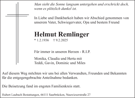 Traueranzeige von Helmut Remlinger von saarbruecker_zeitung