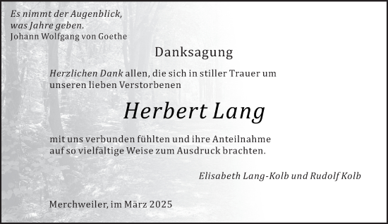 Traueranzeige von Herbert Lang von saarbruecker_zeitung