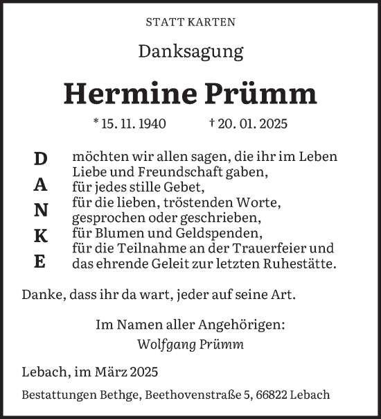 Traueranzeige von Hermine Prümm von saarbruecker_zeitung
