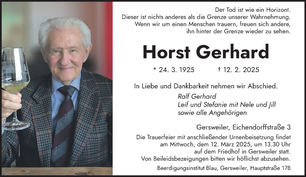  Traueranzeige für Horst Gerhard vom 01.03.2025 aus saarbruecker_zeitung