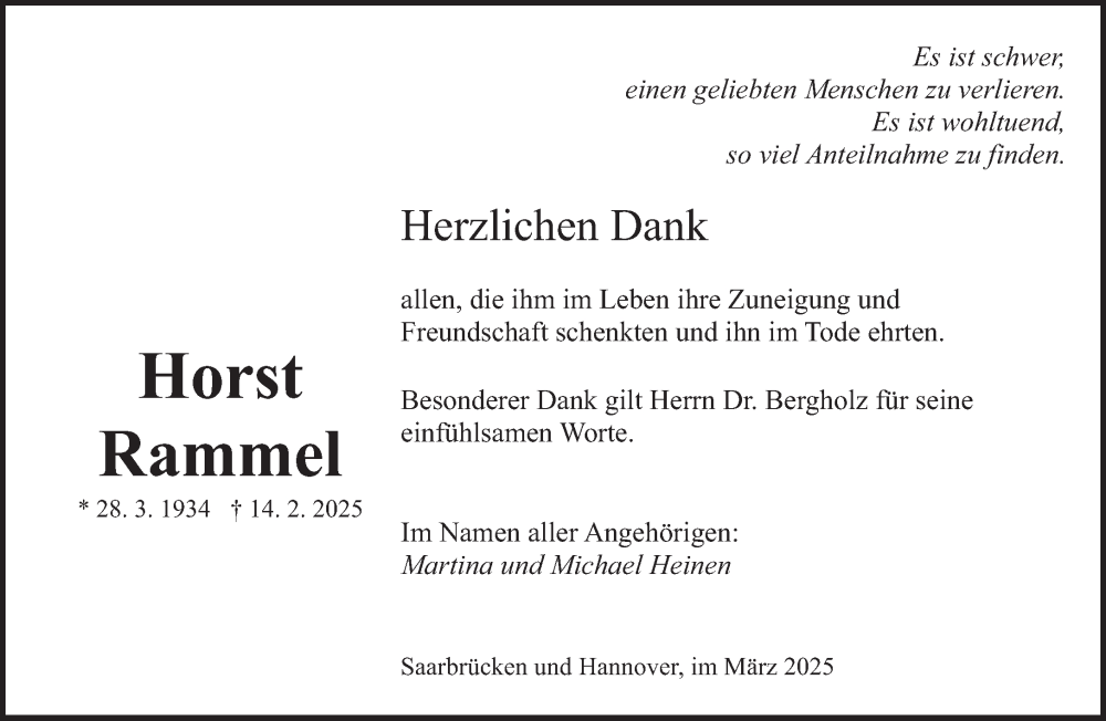  Traueranzeige für Horst Rammel vom 29.03.2025 aus saarbruecker_zeitung