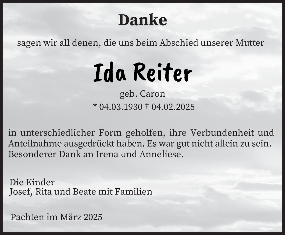  Traueranzeige für Ida Reiter vom 08.03.2025 aus saarbruecker_zeitung