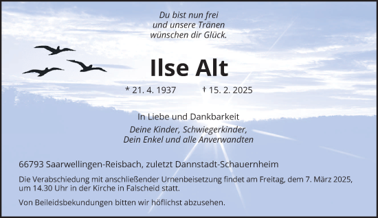 Traueranzeige von Ilse Alt von saarbruecker_zeitung