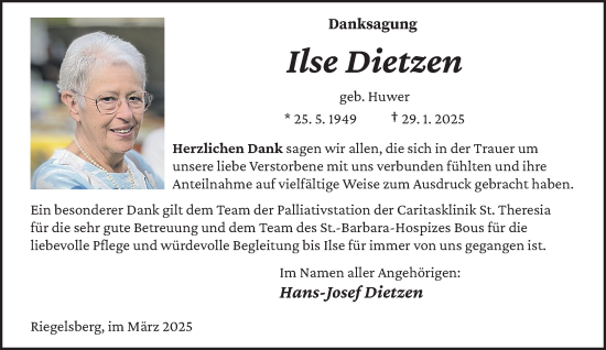 Traueranzeige von Ilse Dietzen von saarbruecker_zeitung