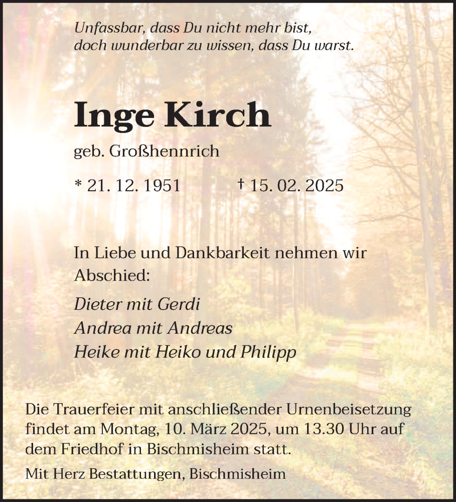  Traueranzeige für Inge Kirch vom 01.03.2025 aus saarbruecker_zeitung