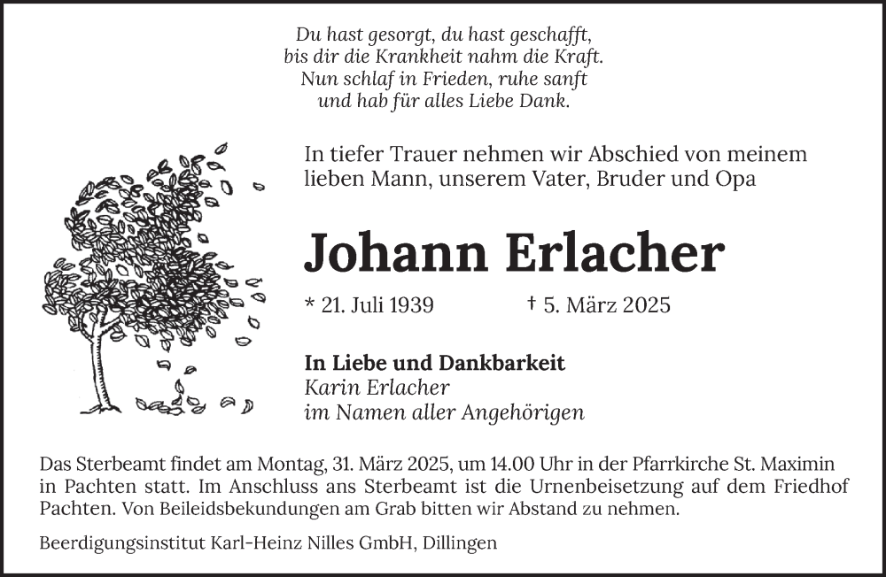  Traueranzeige für Johann Erlacher vom 22.03.2025 aus saarbruecker_zeitung