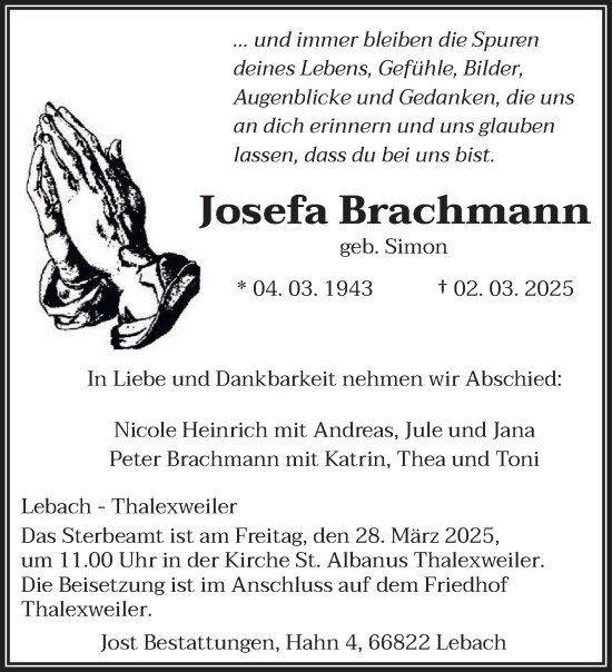 Traueranzeige von Josefa Brachmann von saarbruecker_zeitung