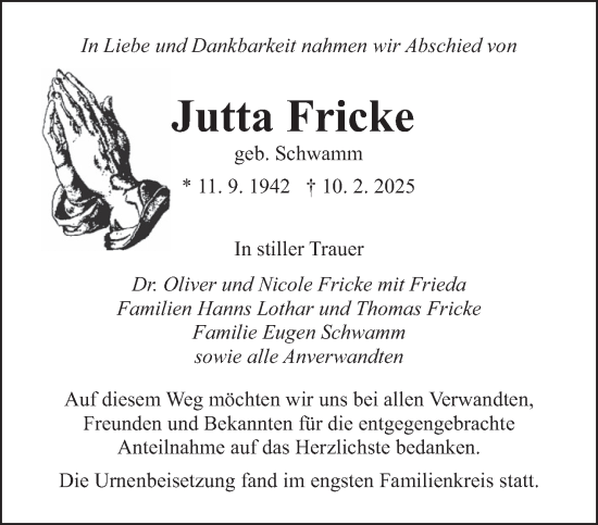 Traueranzeige von Jutta Fricke von saarbruecker_zeitung
