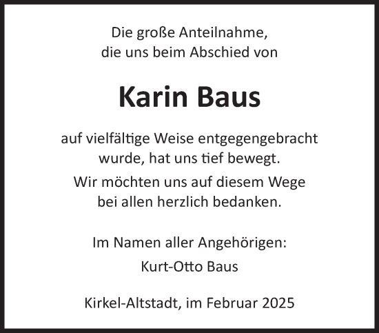 Traueranzeige von Karin Baus von saarbruecker_zeitung
