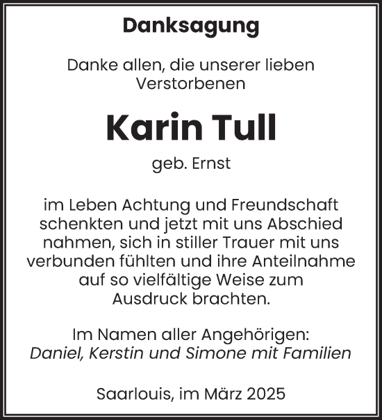 Traueranzeige von Karin Tull von saarbruecker_zeitung