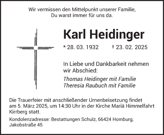 Traueranzeige von Karl Heidinger von saarbruecker_zeitung