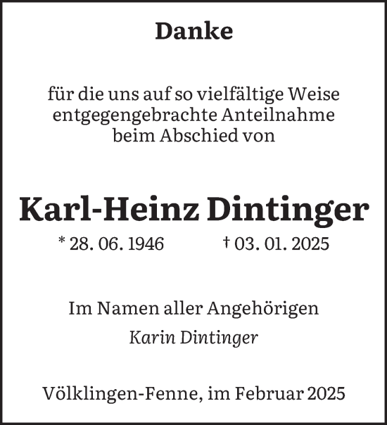 Traueranzeige von Karl-Heinz Dintinger von saarbruecker_zeitung