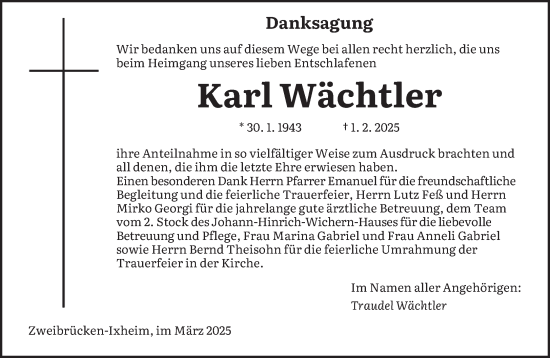Traueranzeige von Karl Wächtler von saarbruecker_zeitung