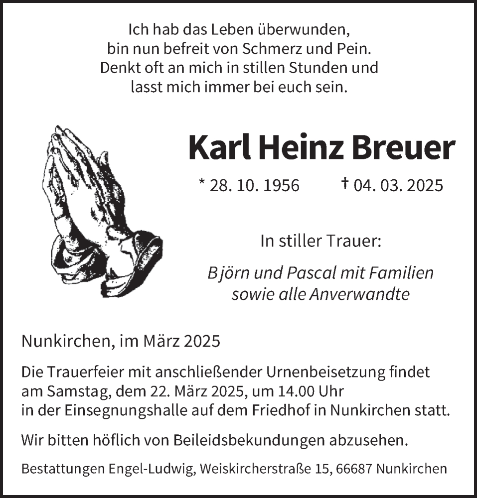  Traueranzeige für Karl Heinz Breuer vom 15.03.2025 aus saarbruecker_zeitung