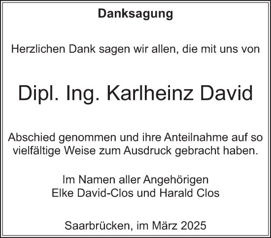 Traueranzeige von Karlheinz David von saarbruecker_zeitung